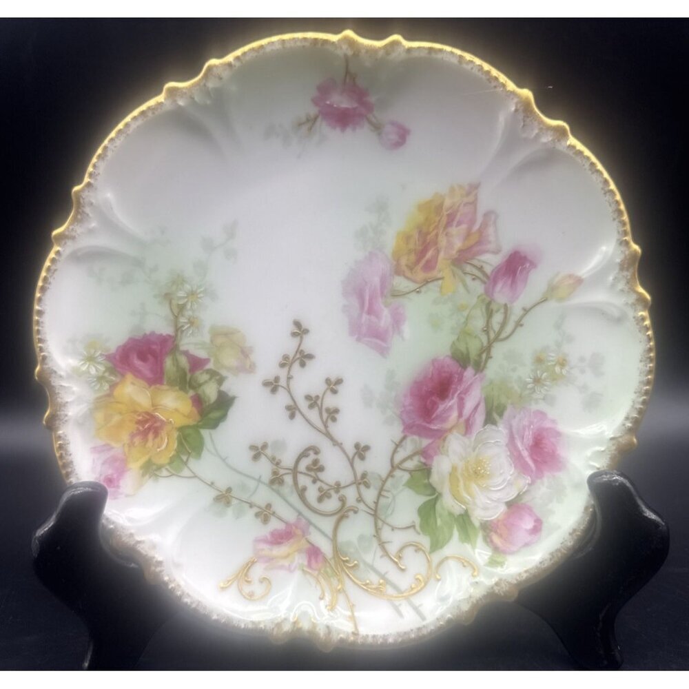 VTG Coronet Limoges France Hand Painted Rose Floral Gold Trim‎ Plate 8.5”